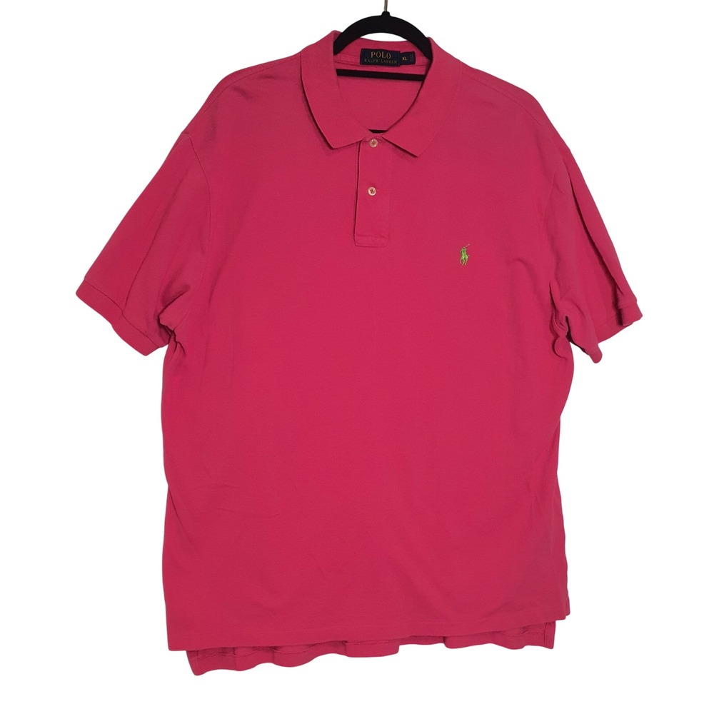 Polo Ralph Lauren XL Pink Short Sleeve Pique Polo Shirt Lime Green Pony Logo Men